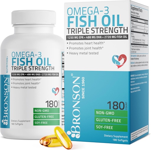 [BRSWKFQKCMAA223Y] Bronson Omega 3 Fish Oil Triple Vahvuus 2720 mg, korkea EPA 1250 mg DHA 488 mg, ei-GMO raskas metalli Testattu, 180 Softgels