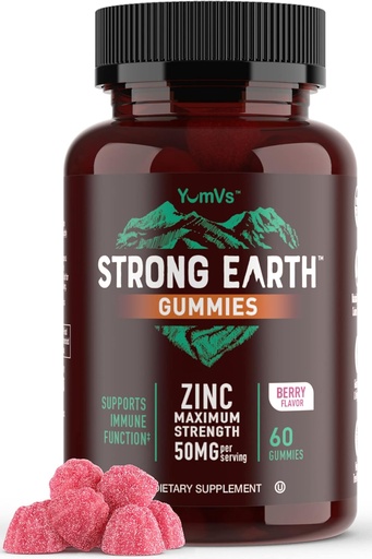 [BRSW2AY2BFYGE3DX] Strong Earth - 50mg Zinc Gummies for Kids and Adults (60 Count) - Immune Support & Antioxidant Supplement - Delicious Natural Flavor Zinc Supplement Gummy - Gluten, Non GMO, Vegan - Chewable Zinc