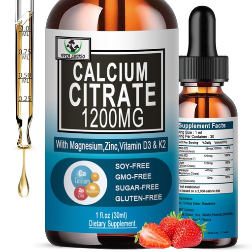 [BRSRA235OEFQ4CYV] Calcium Citrate Supplement,1200mg Calcium with Vitamin D3 Drops for Bone,Teeth,Colon,Cardiovascular Health,High Absorption Liquid Calcium Magnesium Citrate 400mg Plus Zinc Vitamin K2,Vegan,30 Servings