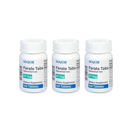[BRSWKFIPOAHR62LG] Major 27 mg Ferate Tabs - Ferrous Gluconate Elemental Iron Dietary Supplement - 100 Count (3 Pack)