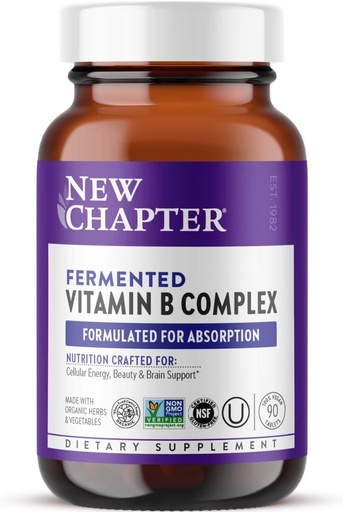 [BRSW2FIZCR5R6CTH] New Chapter Vitamin B Complex, Fermented Vitamin B Complex, USDA Organic, ONE Daily for Cellular Energy + Brain + Beauty, 100% Vegan, Gluten-Free - 90 Count