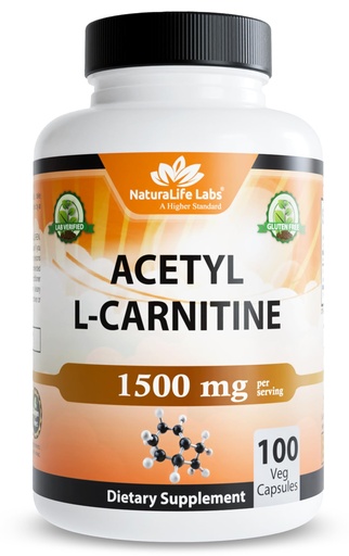 [BRSWGA37DEPRSEQZ] NaturaLife Labs Acetyl L-Carnitine (ALCAR) 1500 mg per Serving – 100 Capsules – Non-GMO, Gluten-Free, Vegan