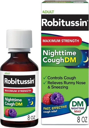 [BRSWGY32CN7AKE3P] Robitussin Máxima Força Noturna Tosse DM Max, Fórmula Adulta, Garrafa de Berry - 8 Fl Oz