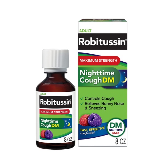 [BRSWGY32CN7AKE3P] Robitussin Maximum Strength Nighttime Cough DM Max, Adult Formula, Berry Flavor - 8 Fl Oz Bottle