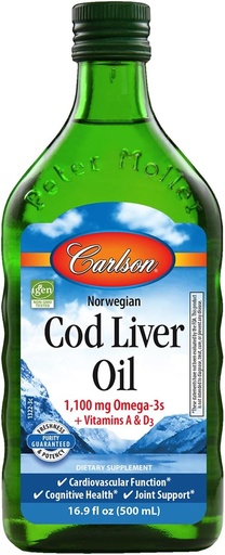 [BRSWIGDZA4IB42LY] Carlson - Cod Liver Oil, 1100 mg Omega-3s + A & D3, Wild-Caught Norwegian Arctic Cod-Liver Oil, Sustainably Sourced Nordic Fish Oil Liquid, Unflavored, 500 mL (16.9 Fl Oz)