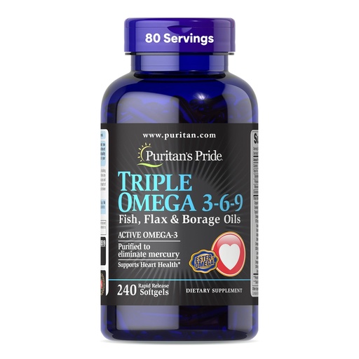 [BRSWIZQ3OV7GADLE] Puritan's Pride Premium Triple Active Omega 3-6-9 Fish, Flax, and Borage Oils, Dietary Supplement for Heart, Joint, and Cellular Health Support, 240 Rapid Release Softgels