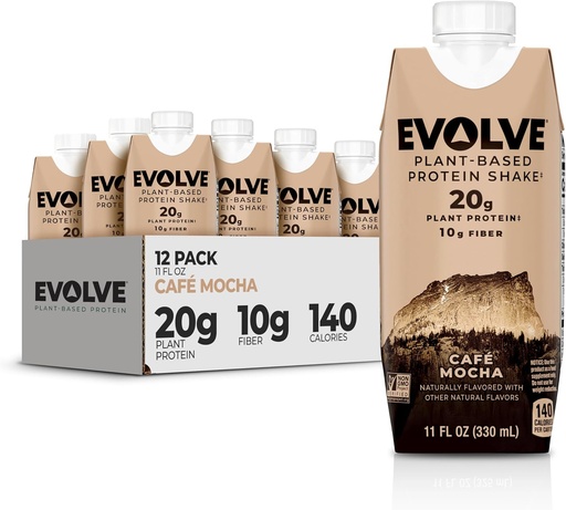 [BRSWECQTCMMRS23P] Evoluir Shake Proteína Baseada em Planta, Café Mocha, 20g Proteína Vegan, Leite Livre, Sem Adoçantes Artificiais, Não-GMO, 10g Fibra, 11 onças, (12 pacote) (Formula Maio Vary)