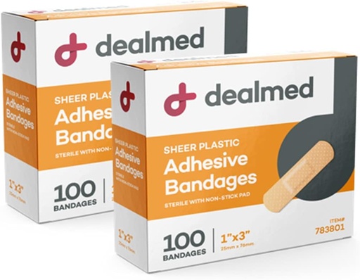 [BRSWKEAPAUPB6YL6] Dealmed Sheer Plastic Flexible Adhesive Bandages – 100 Count (2 Pack) Bandages with Non-Stick Pad, Latex Free, Wound Care for First Aid Kit, 1" x 3"