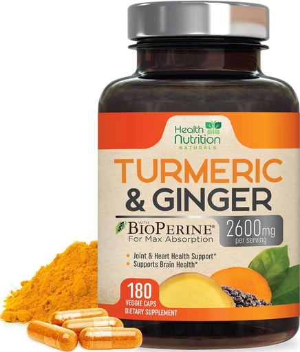 [BRSW2HQRB4FBSC3X] Curcumin Turmeric Suplemento 2600mg - con Ginger ecológico " Turmeric, 95% Curcuminoides, BioPerine Black Pepper para la mejor absorción, Apoyo Conjunto Vegano de la Naturaleza, No GMO, Botellado en EE.UU. - 180 cápsulas