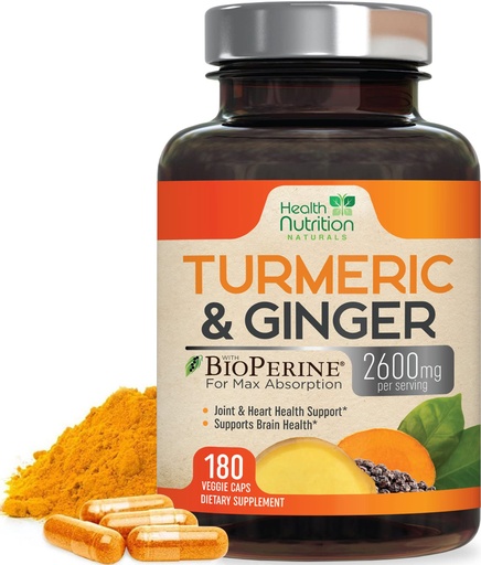 [BRSW2HQRB4FBSC3X] Turmeric Curcumin Supplement - 2200mg Curcumin Complex Per Serving - 95% Curcuminoids, Organic Ginger & BioPerine Black Pepper for Best Absorption & Joint Support, Bottled in USA - 180 Capsules
