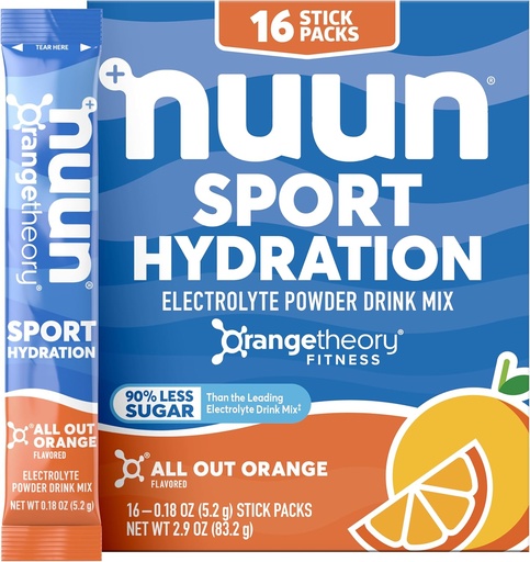 [BRSROAAEBMPWY23V] Nuun Sport Electrolyte Powder Packets with Magnesium, Calcium, Potassium, Chloride, and Sodium, Hydration Packets for On-The-Go, All Out Orange Flavor, Gluten Free & Vegan, 16 Single Servings