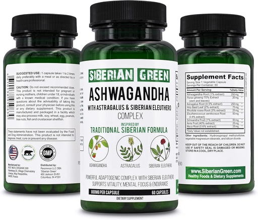 [BRSW2AQCB4NWGHI7] Siberian Green Organic Ashwagandha Root con Astragalus &amp; Siberian Eleuthero Ginseng Complex 60 cápsulas Powerful Herbal Support