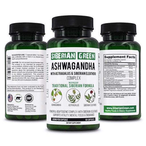 [BRSW2AQCB4NWGHI7] Siberian Green Organic Ashwagandha Root with Astragalus & Siberian Eleuthero Ginseng Complex 60 Capsules Powerful Herbal Support