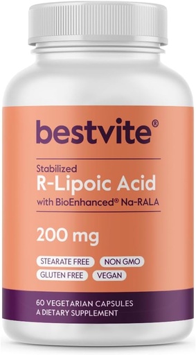 [BRSWIZIOO55RC2LO] BESTVITE R-Lipoic Acid 200mg Stabilizzato con Bio-Enhanced Na-RLA (60 Capsule Vegetariani) - No Stearates - No Filler - Vegan - Gluten Free - Non OGM