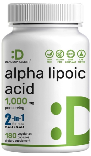 [BRSRMBIBB4ARSELU] Alpha Lipoic Acid 1,000mg, 180 Veggie Capsules – 50/50 R-ALA & S-ALA for Max Bioavailability – Antioxidant Supplement – Energy & Nervous System Support – Non-GMO