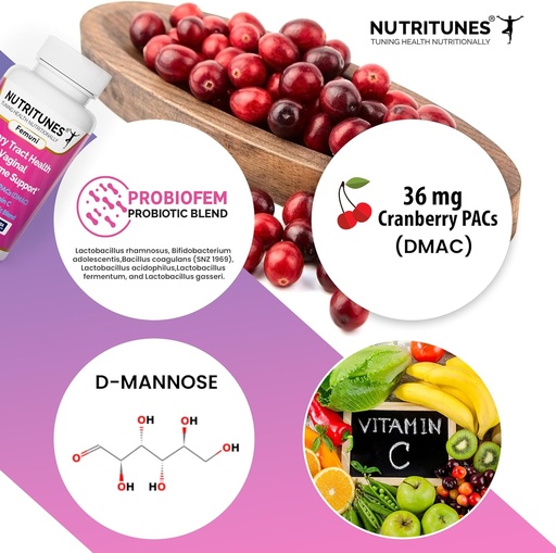 [BRSRAATYAQNBGG3L] Cranberry PACs with D Mannose Supplements for Women, Vitamin C and Womens Vaginal Probiotic including Lactobacillus and Bifidobacterium strains for Urinary Tract Health - 60 Femuni UTH Capsules