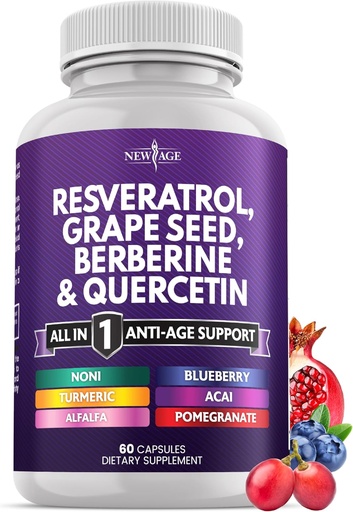[BRSRAZTROV4GKAY3] NEW AGE Resveratrol, Berberine, Grape Seed Extract, Quercetin - Polyphenol Supplement for Women and Men with Noni Extract, N-Acetyl Cysteine, Acai Extract - 60 Capsules