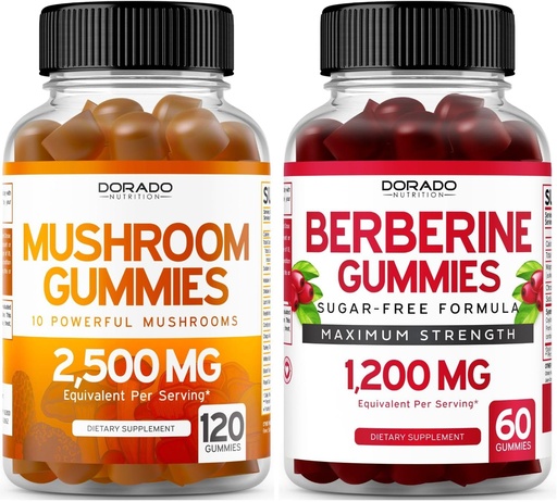 [BRSRAFDQA55BMAL5] Mushroom Gummies (120 Gummies) Focus & Brain Mushroom Supplement and Berberine with Ceylon Cinnamon (60 Count) Premium Sugar-Free Supplement for Adults - Third-Party Tested, Non-GMO & Made in USA