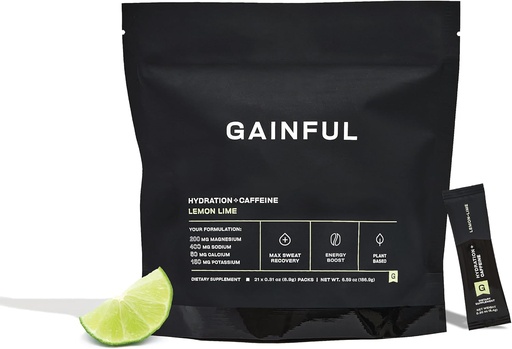 [BRSROCQQOIJWAAAV] Gainful Hydration + koffeinpaket med Key Electrolytes Magnesium & Sodium + L Theanine, Low Sugar Drink Mix, Lemon Lime, 21 Sticks