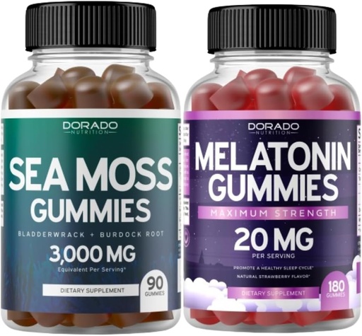 [BRSROAAOC4ORQA33] Irish Sea Moss (90 Gummies) Raw Seamoss for Thyroid, Energy, & Immune Support and Melatonin for Adults (180 Count) Quick Dissolve Melatonin High Potency - Mixed Berry Flavor - Vegan Safe & Made in US