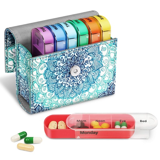 [BRSWYGARBMIGEYI2] FINPAC Weekly Pill Organizers 4 Times A Day, Slide Open PU Leather Case Travel Pill Vitamin Medicine Reminder and Planner with Name Card for Morning| Afternoon| Evening| Bedtime (Emerald Illusions)