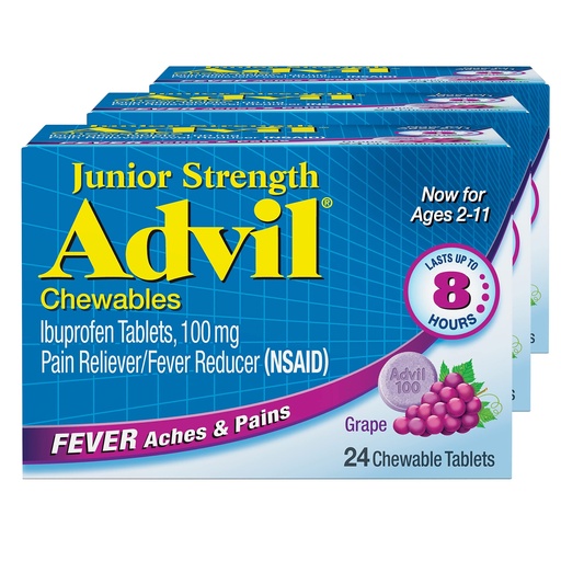 [BRSW2EL7BMARO2D4] Advil Junior Strength Chewable Ibuprofen Pain Reliever and Fever Reducer, Children's Ibuprofen for Pain Relief, Grape - 24 Tablets (Pack of 3)