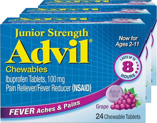 [BRSW2EL7BMARO2D4] Alimentador de Dolor Advil Junior Strength Chewable Ibuprofen y Reductor de Fiebre, Ibuprofeno Infantil para Alivio de Dolor, Grape - 24 Tabletas (Pack of 3)