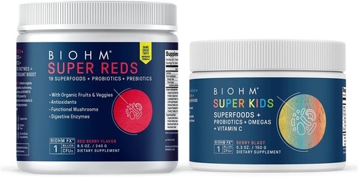[BRSW2CA6CN4A4DI2] BIOHM Super Reds Superfood Powder, Tart Cherry & Super Kids Superfood Powder + Probiotics, Beneficial 산화 방지제 & Omega-3 - 글루텐 무료, GMO Free, Dairy Free, 인공 성분 없음