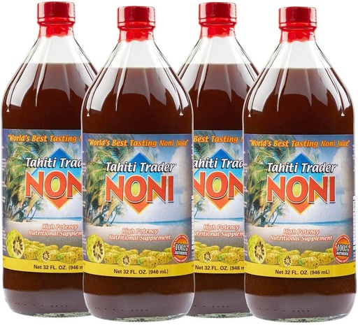 [BRSWYZIPOQGWMYDH] TAHITI TRADER (4-PK) Original High Potency Noni Juice - Pure Noni Fruit Juice with Blueberry & Raspberry - Organic Antioxidant Superfood Supporting Energy & Body Health - (32oz, 4 Pack)