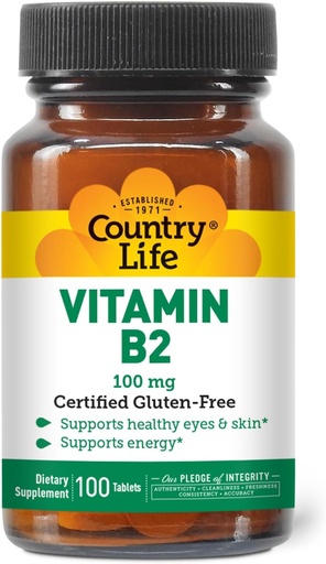 [BRSWIY37AEDBAAY5] Country Life Vitamin B2 100mg Riboflavin Supplement – Boosts Energy Production & Supports Cell Function, Gluten-Free, Vegan, Kosher, Halal – no preservatives, GMO or Artificial Flavors, 100 Count