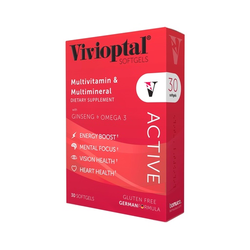 [BRSWIGIMCQMQ2YLA] Vivioptal Active, 30 Softgels, Ginseng & Omega 3, Multivitamin & Multimineral, Gluten Free, German Formula