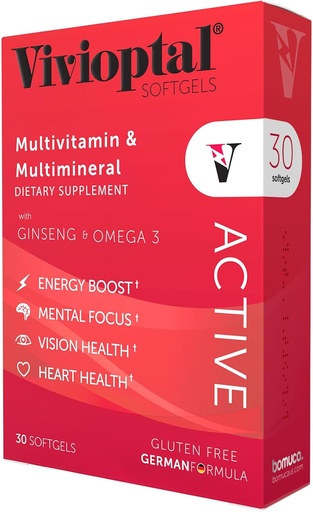 [BRSWIGIMCQMQ2YLA] Vivioptal Active, 30 Softgels, Ginseng &amp; Omega 3, Multivitamin & Multimineral, Gluten Free, German Formula