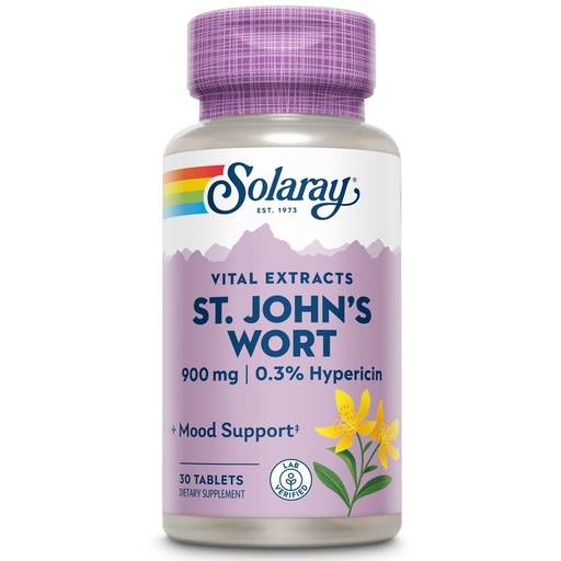 [BRSWIYT3OMAQ4E3O] SOLARAY St John's Wort 900 mg, Once Daily Mood Support Supplement, Standardized to 0.3% Hypericin for Brain Health Support and a Balanced Mood, 60-Day Money Back Guarantee, 30 Servings, 30 Tablets