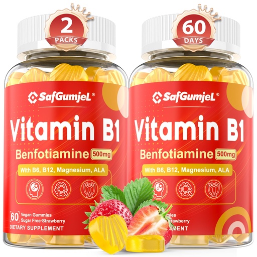 [BRSRAY36CEDQM2DL] Vitamin B1(Benfotiamine) Gummies 500mg – B1 B6 B12 Vitamins with Magnesium for Energy Metabolism, Healthy Nervous System – Chewable B Complex for Adults & Kids - Vegan, Sugar Free, 120 Ct