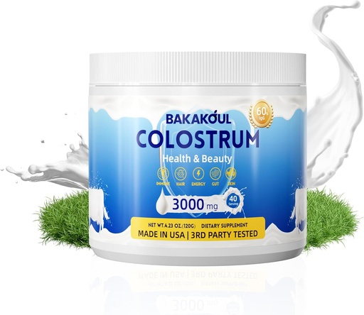 [BRSRAGAFBB5AM2TX] Bovine Colostrum Suplemento Pó - 60% IgG 3000 mg Bovine Colostrum - Gut, Crescimento do cabelo, Exercício, Imune, Beleza - Fácil de misturar, Sem sabor 40 Servings (1 garrafa)