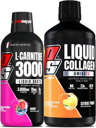 [BRSRAHA5BFYBEHY4] PROSUPPS L-karnitiini 3000 Stimulantti vapaa neste laukausta (Berry) Amino23 neste kollageeni laukausta (Citrus Punch) Bundle