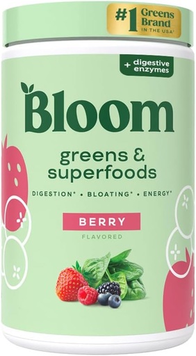 [BRSROZQBCUMROCL3] Bloom Nutrition Superfood Greens Powder, Enzymes Digestivos con Probióticos y Prebióticos, Salud Gut, Alivio de Bloating para Mujeres, Clorella, Mezcla de Jugo Verde con Polvo de Hoja, 25 SVG, Berry