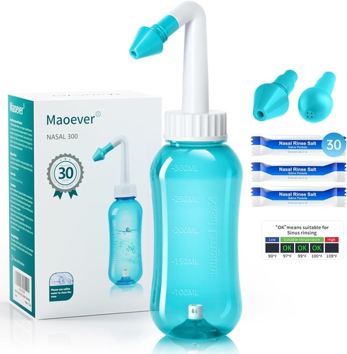 [BRSW2Y34OIBBQDL7] Neti Pot Sinus Rinse Nasal Wash 300ML Neti-Pot with 30 Nasal Wash Salt Packets and Sticker Thermometer Nose Cleaner Washing Bottle Cleaner Pressure Irrigation for Adult & Kid BPA Free (Light Green)