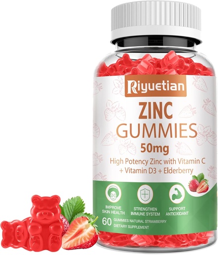[BRSRAY36OQBQ43Y3] Gummies de zinco - 50mg Zinco de alta potência com vitamina C + Vitamina D3 + Elderberry - Apoio à saúde imune - Vegan, Não-GMO e Glúten Grátis - 60 Gummies