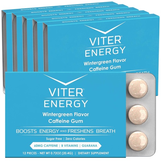 [BRSWYHA6PICBG3Y3] Viter Energy Caffeinated Gum 60mg Caffeine, B Vitamins, Guarana, Sugar Free. (Wintergreen, 12pcs, 6 Pack)