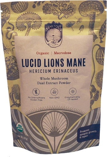 [BRSW2EL4OZYQK3TB] La Mana de León Lucid de Hamilton tóxico Orgánica de Mushroom Extract Powder para la Reparación Sinapsa, Factor de Crecimiento Nerve, Focus, Memory y Concentration TEN High Potency TEN 30% Beta Glucans TEN GF, Non-GMO, Vegan (100g)