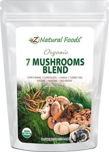 [BRSRAGQ6AQJQAGT6] Z Natural Foods Organic 7 Sacred Mushrooms Blend - Mushroom Powder for Immune Health - Lion’s Mane, Cordyceps, Chaga, Red Reishi, Shiitake, Maitake & Turkey Tail Extract for Coffee, Smoothies, 7 oz