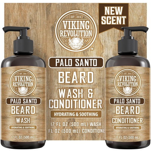 [BRSRAZT4DMPAA3D6] Vikingo Revolución Palo Santo Beard Wash and Beard Conditioner Conjunto con aceites Argan y Jojoba - Suaviza y fortalece - Natural Palo Santo Scent - champú de barba con extracto de raíz Ginseng (17 oz)