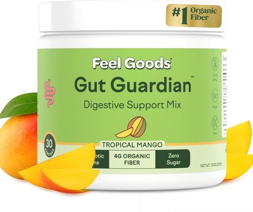 [BRSRAGITDJ7WACAY] Feel Goods Gut Guardian, Organic Fiber, Probiotic & Prebiotic Powder, Sugar Free, Herbs for Bloat, Gut Health Support, Digestive Health for Men & Women, Non GMO, Vegan, Tropical Mango, 30CT