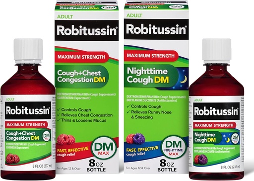 [BRSRO2YZDEGRYDLU] Robitussin DM Max Cough Plus Chest Congestion eta Robitussin Gehieneko Indarra Gaueko Cough DM, Helduen Formulak - 2 x 8 Fl Oz botilak