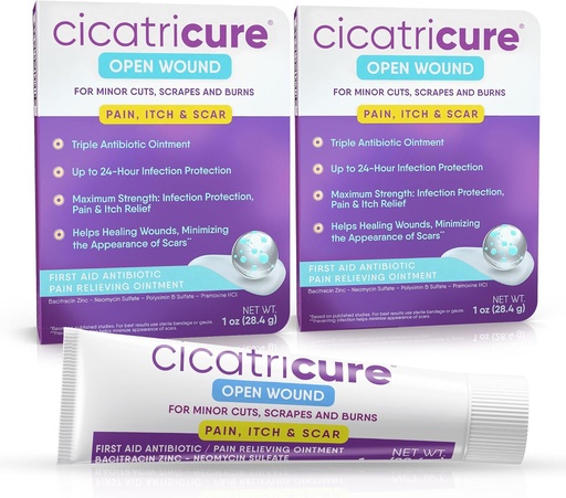 [BRSRAZQOAEMW2F3V] Cicatricure Triple Antibiotic Ointment with Pain Relief, Bacitracin Antibiotic Ointment & Cream for Wound Care, Healing Ointment for Cuts, Burns, Insect Bites, First Aid Supplies Essential, 1 oz