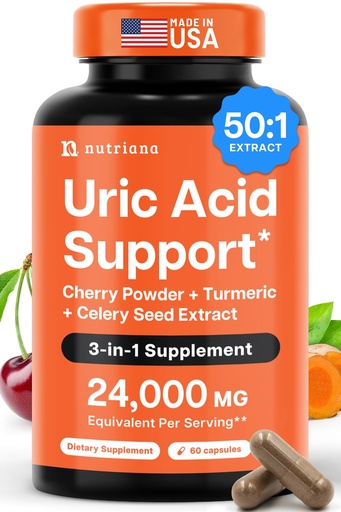 [BRSWGAAODIJQ2DT3] 3 in 1 Uric Acid Flush Cleanse – Tart Cherry Extract with Turmeric & Celery Seed Supplement Purge - Feet and Joint Support - 60 Veggie Capsules