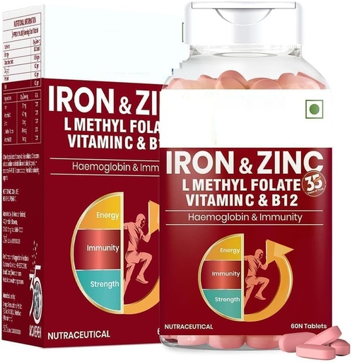 [BRSRAGAQO4CQEELJ] Iron & Zinc Tablets Enriched with Vitamin C & B12 | Immunity & Haemoglobin Booster | Increases HB Level + Promotes Healthy Iron Levels | Reduces Fatigue, Improve Respiratory Health & Energy | 60 T