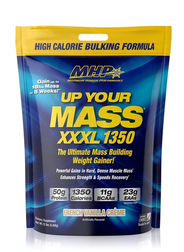 [BRSWGFITOQNBUYD4] MHP UYM XXXL 1350 Mass Building Weight Gainer, Muscle Mass Gains, w/50g Protein, High Calories, 11g BCAAs, Leucine, French Vanilla Creme, 16 Servings