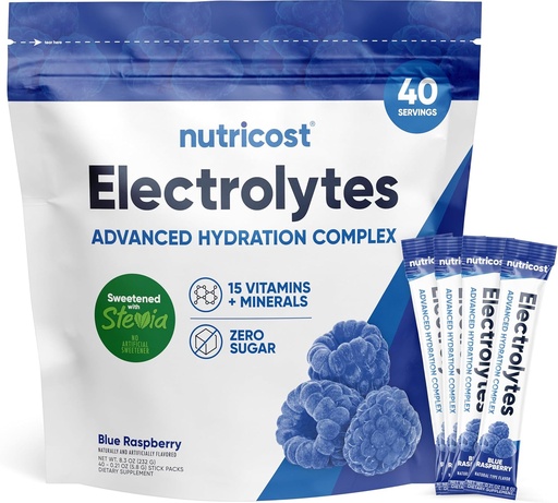 [BRSROA32CUBGGDLB] Nutricost Electrolytes Powder Hydration Packets (Blue Málna, 40 Servings) Alacsony kalóriatartalmú Keto Electrolytes Édesített Stevia - Non-GMO, glutén mentes és cukor mentes